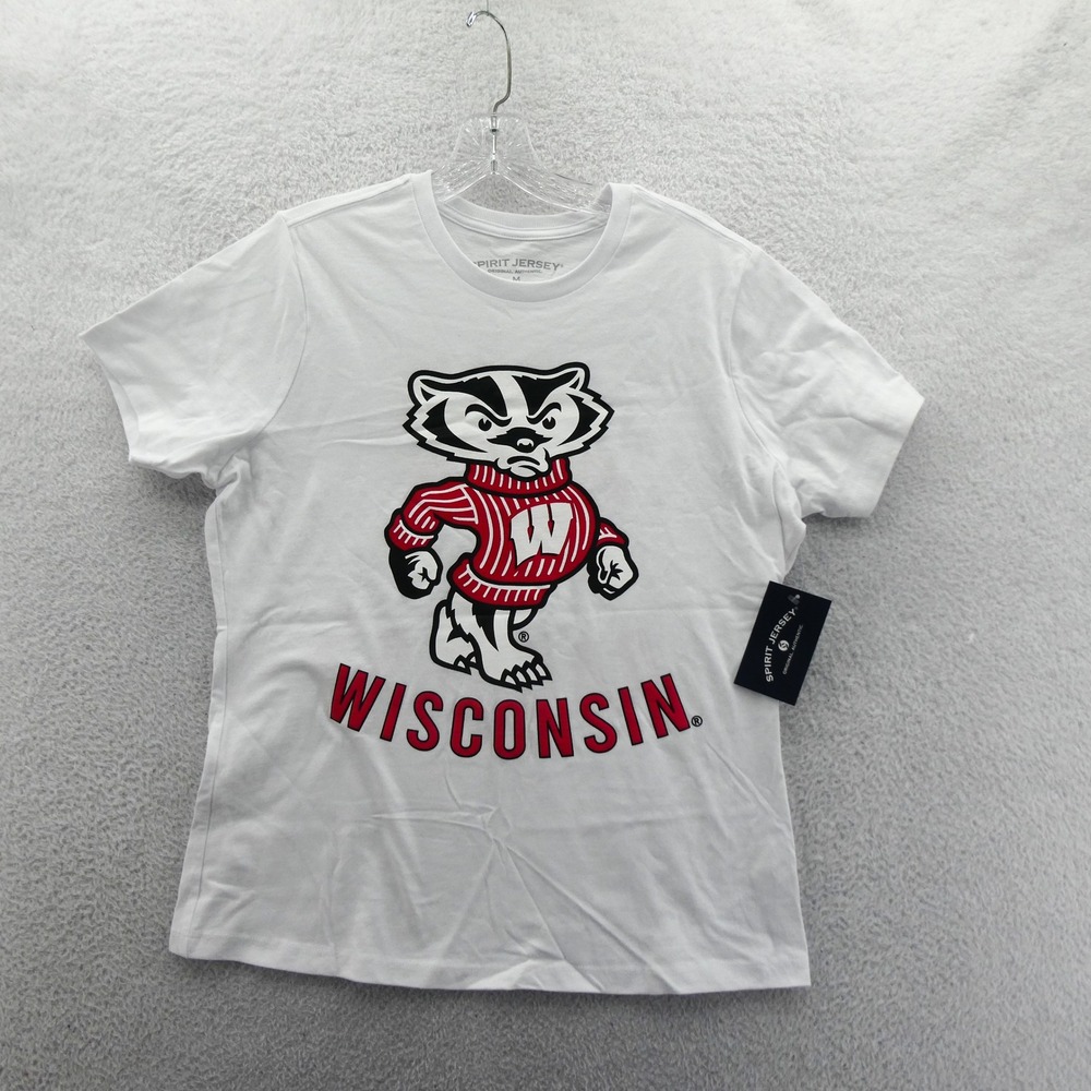 Spirit Jersey Shirt Womens Medium Wisconsin Badgers White Mascot Cotton Tee New